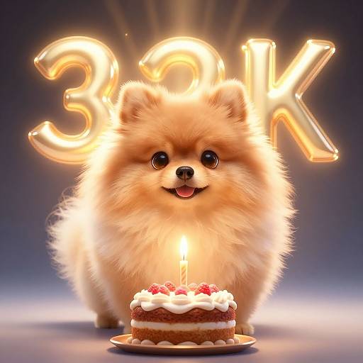 Photorealistic digital art of a fluffy, orange Pomeranian dog with glowing 