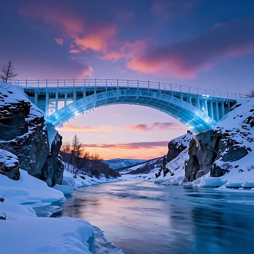 Photograph of a glowing blue arch bridge over a snowy river at sunset, with colorful pink and orange clouds in the sky.
