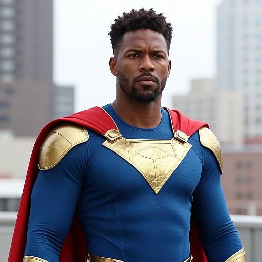 Photograph of a muscular Black man with short curly hair, beard, and serious expression, wearing a blue superhero suit with gold chest emblem and red cape