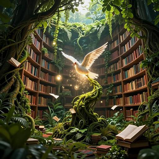 Digital illustration of a glowing white dove with outstretched wings, flying above a lush, jungle-like library with towering bookshelves and scattered books.