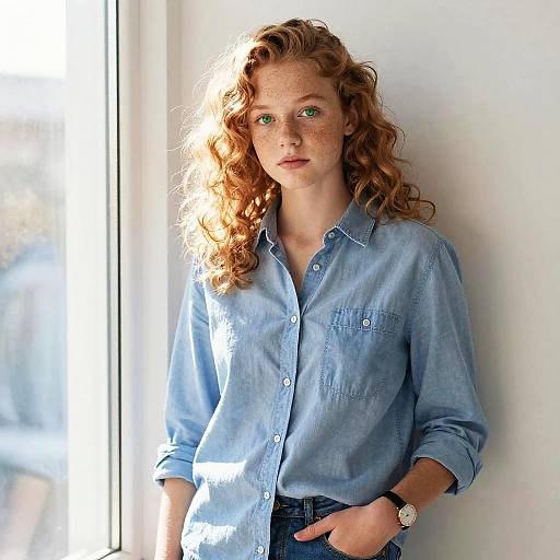 Photograph of a freckled, red-haired woman with green eyes, wearing a light blue button-down shirt and jeans, standing near a sunlit