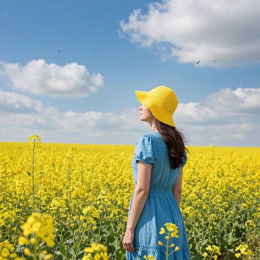 Photograph of a woman in a yellow sunhat and blue dress standing in a vibrant yellow wildflower field under a bright blue sky with fluffy clouds.