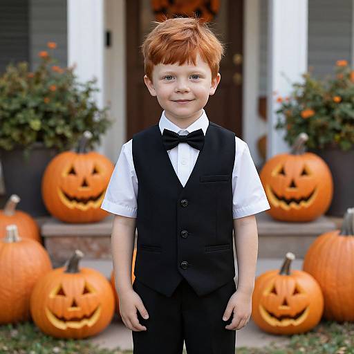 Photograph of a young boy with red hair, wearing a black vest, white shirt, and bow tie, standing in front of carved pumpkins on