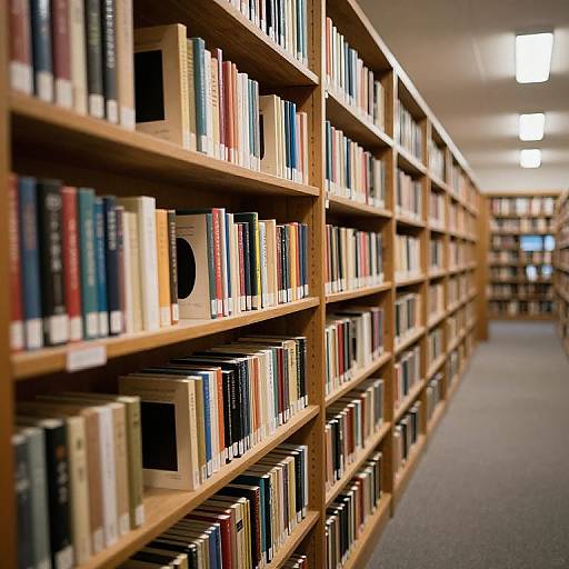 Photograph of a spacious, well-lit library with wooden bookshelves filled with colorful books stretching into the background.