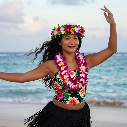 Photograph of a smiling woman with long black hair, wearing a floral headband, necklace, and top, black hibiscus skirt, dancing