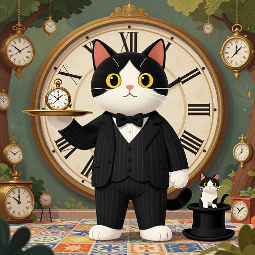 Cartoon black-and-white cat in a tuxedo, holding a tray with a clock, standing before a large clock backdrop, surrounded by clocks,