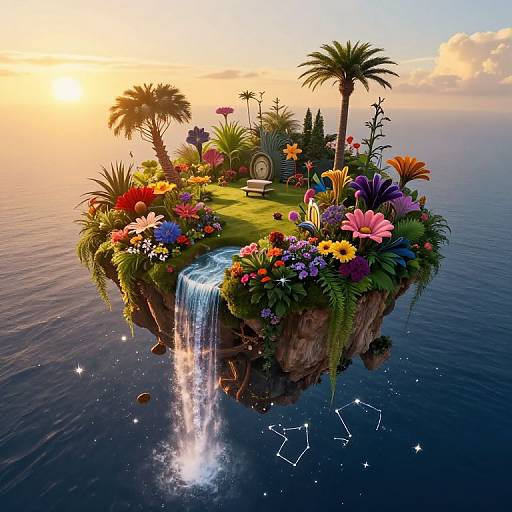 Digital artwork: Floating island with vibrant flowers, palm trees, small bench, waterfall, and constellation pattern above calm ocean at sunset.