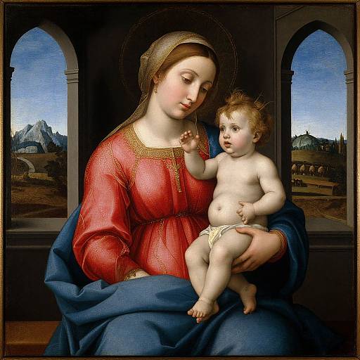 Renaissance painting of a fair-skinned, robed Madonna holding a nude, curly-haired baby Jesus, with a detailed architectural background.
