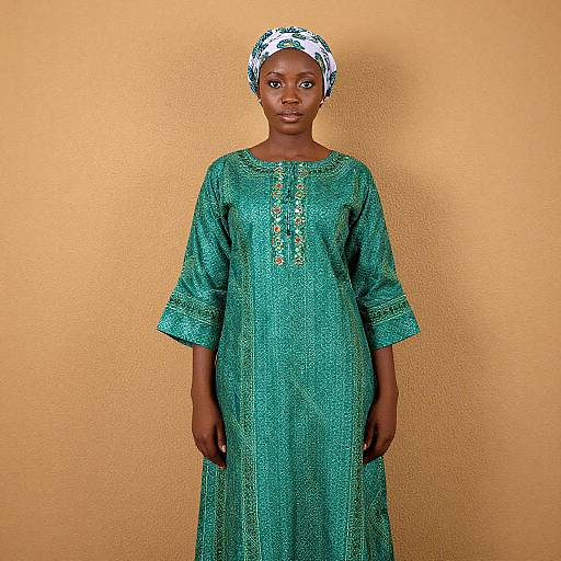 Photograph of a young Black woman with dark skin, wearing a green textured dress and white floral headwrap, standing against a yellow textured wall.
