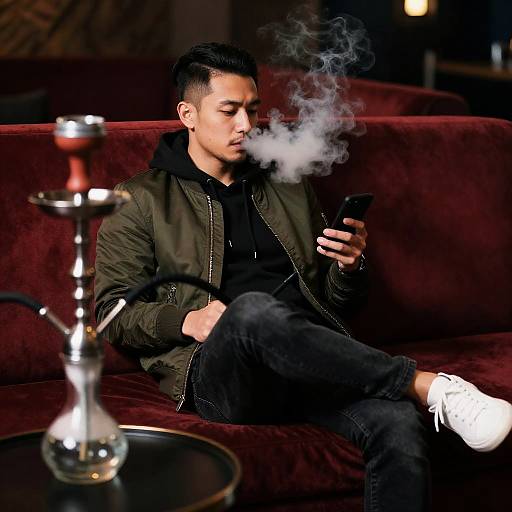 Relaxed Man Smoking Shisha Indoors