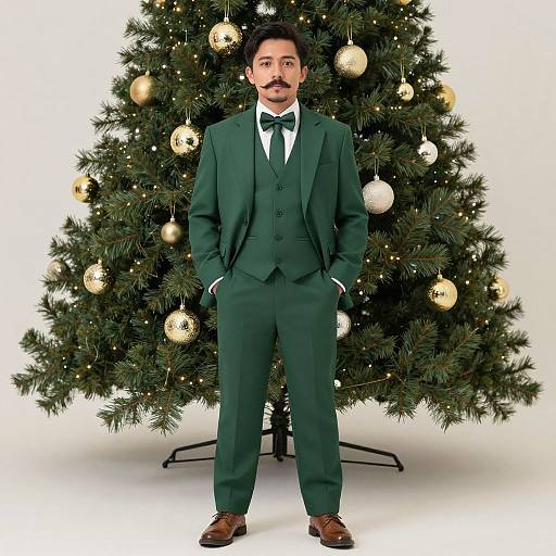 Photograph of a mustached man in a green three-piece suit, white shirt, black bow tie, and brown shoes, standing in front of a