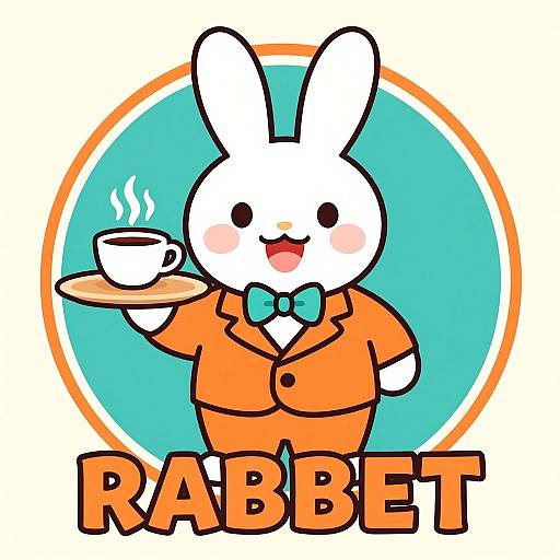 Cartoon white bunny in an orange suit with blue bowtie, holding steaming cup on tray, set against teal and orange circular background, text 