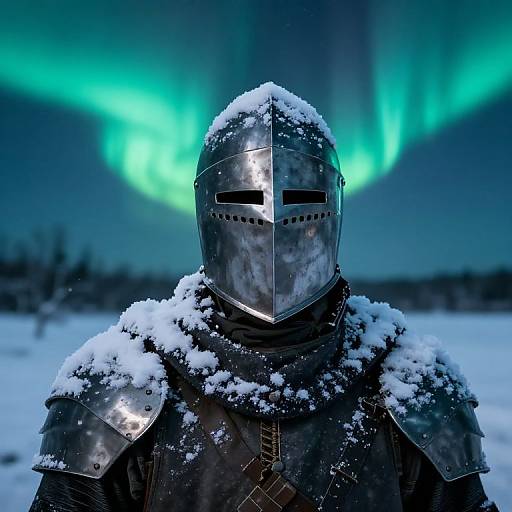 Photograph of a snow-covered armored knight with a reflective helmet, standing in a snowy landscape under vibrant green aurora borealis.