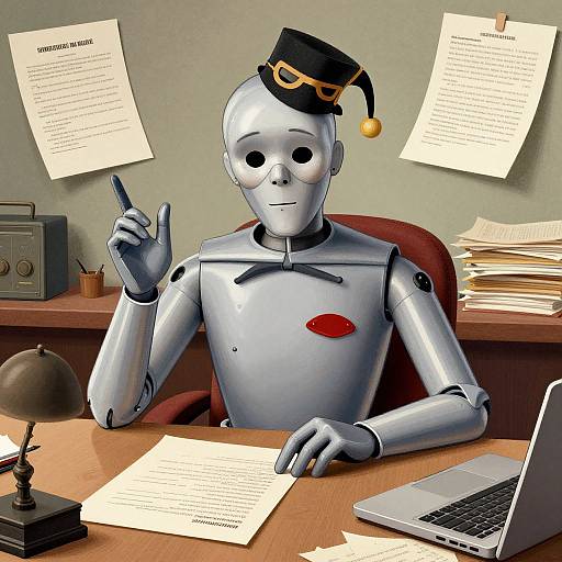 Photograph-style CGI of a silver robot with a black hat, red heart, and pointed finger, sitting at a desk with papers, laptop, and