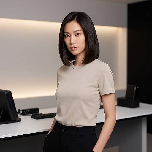 Photograph of an Asian woman with straight black bob haircut, wearing a beige t-shirt and black pants, standing in a modern, well-lit office
