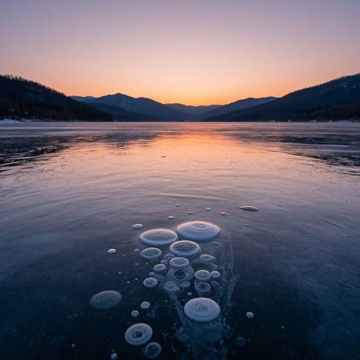 Photograph of a serene lake at sunset, with floating ice bubbles in the foreground, reflecting an orange and purple sky, surrounded by dark mountain silhou