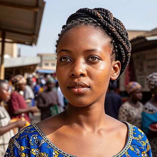 Photograph of an African woman with dark skin, braided hair, and blue patterned dress, standing in a bustling outdoor market.