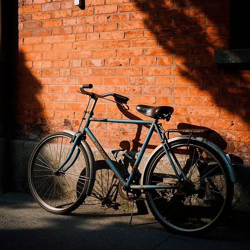 Photograph of a blue vintage bicycle with black leather seat, leaning against an orange brick wall, bathed in dramatic sunlight.