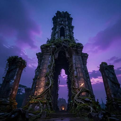 Photograph of an ancient, overgrown stone archway at twilight, illuminated by purple and blue hues, with vines creeping up its sides.