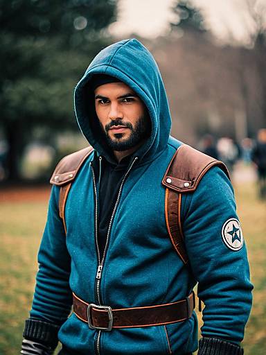 Photograph of a bearded man with dark hair, wearing a blue hooded jacket with brown leather straps, standing outdoors in a blurred park. He