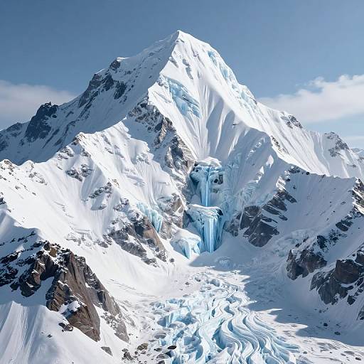 Photograph of a towering, snow-capped mountain with a prominent glacier and icy blue waterfall cascading down its rugged, rocky slopes under a clear,