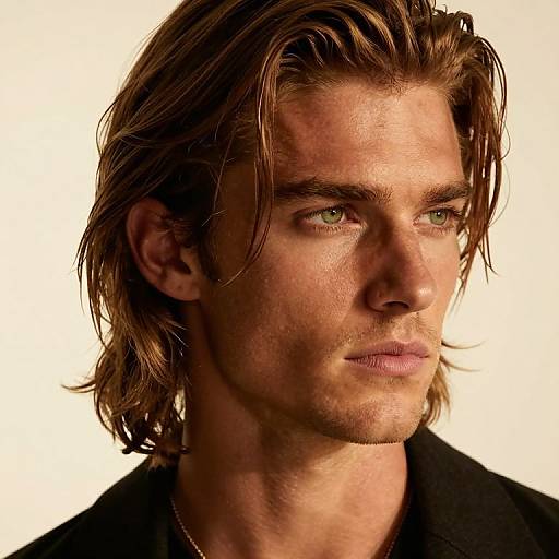 Photograph of a handsome, young man with light brown, slightly messy hair, green eyes, and a serious expression, wearing a black shirt against a