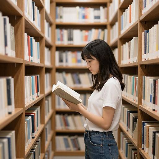 Photograph of an Asian woman with black hair, wearing a white t-shirt and blue jeans, reading a book in a wooden library aisle filled with book