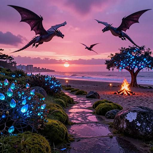 Magical Sunset Beach with Flying Dragons