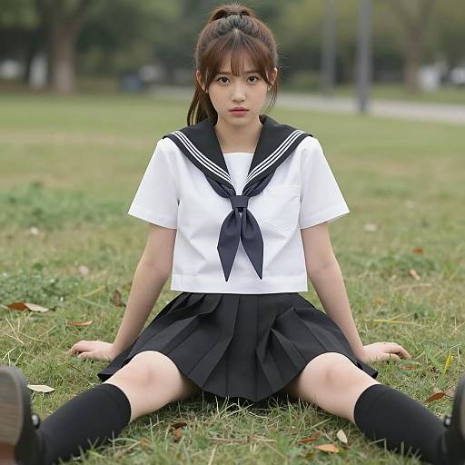 Asian Woman in Sailor Uniform Relaxing