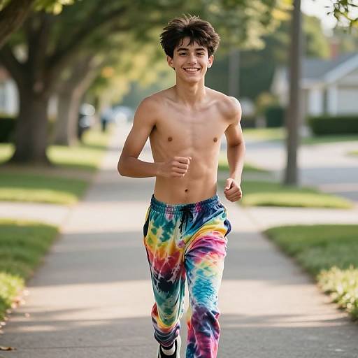 Photograph of a young, shirtless, smiling boy with dark hair, running on a sunny suburban street, wearing colorful tie-dye pants.