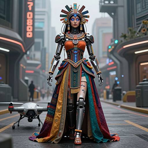 Cybernetic woman in futuristic city, wearing ornate, colorful headdress and gown, standing on street with drone and glowing neon signs. Phot