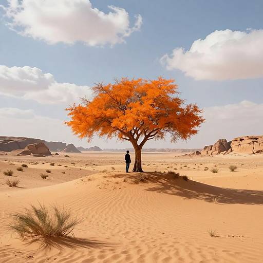 Photograph of a lone, vibrant orange tree in a desert, with two silhouetted figures standing beneath it, under a bright blue sky with