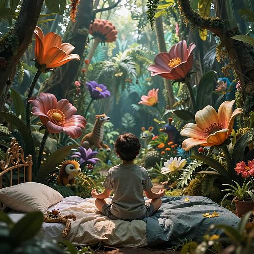Boy Meditating in Enchanted Jungle