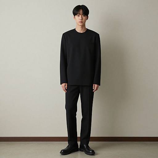 Photograph of a young Asian man with short black hair, wearing a black long-sleeve shirt, black pants, and black shoes, standing against