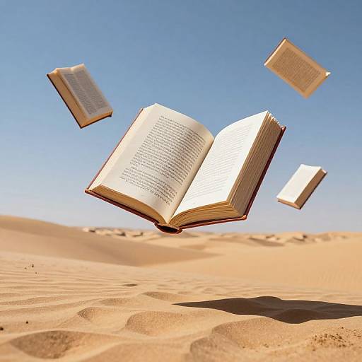 Photograph of open book and four flying books over golden sand dunes under a clear blue sky, evoking a magical desert scene.