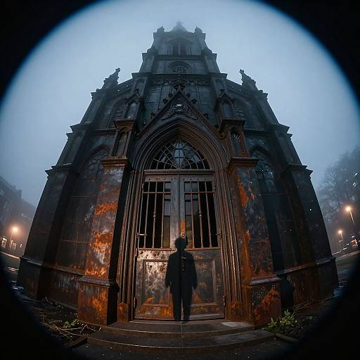 Photograph of a misty, Gothic-style church with rusted, dark stone facade and large arched windows, viewed through fisheye lens.