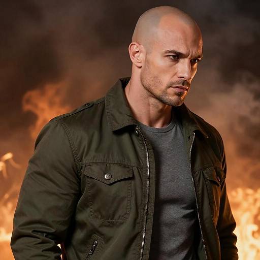 Muscular Man in Smoky Fiery Background