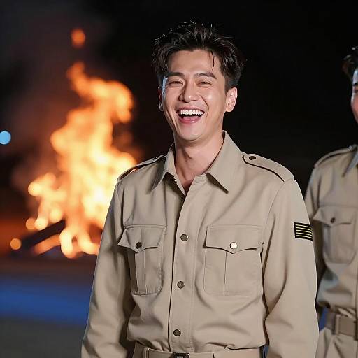 Laughing Man in Beige Military-Style Jacket by Fire