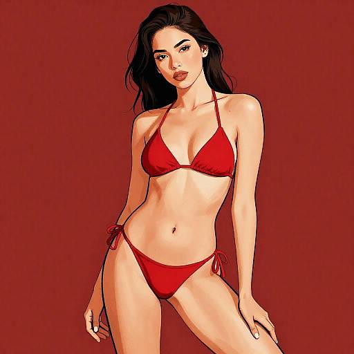 Minimalist Red Bikini Confident Pose Illustration