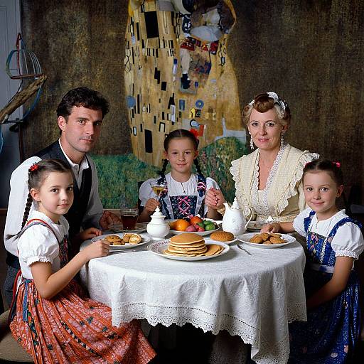 Photograph of a vintage, painted-style family portrait: five people, three girls, one boy, and a woman in traditional European attire, seated at