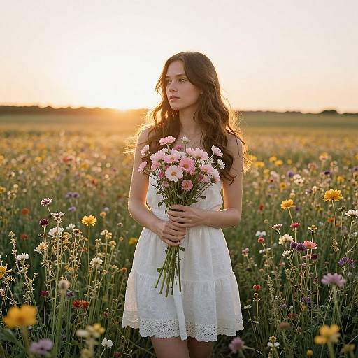 Photograph of a young woman with long brown hair, wearing a white lace dress, holding a bouquet of flowers in a sunlit meadow filled with