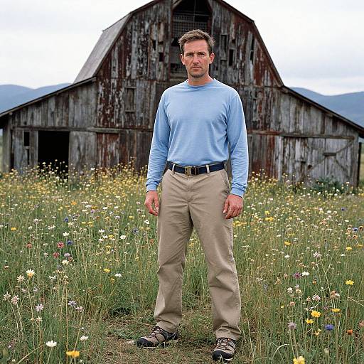 Photograph of a man in a light blue long-sleeve shirt and beige pants standing in a wildflower field in front of a weathered wooden
