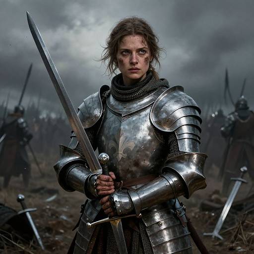 Photorealistic digital artwork of a determined, battle-worn woman in silver armor holding a sword, amidst a dark, cloudy battlefield with scattered swords and