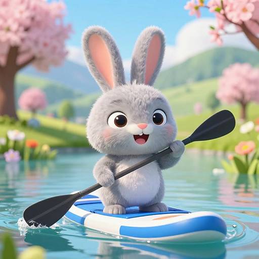 Cute CGI gray bunny with pink ears paddling a blue and white stand-up paddleboard on a sunny, blooming pond.