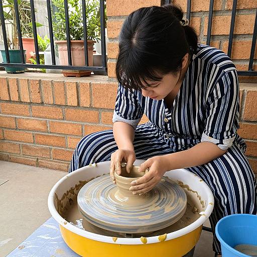 Asian woman with black hair in striped outfit, focused on shaping clay on a spinning pottery wheel, against a brick wall.
