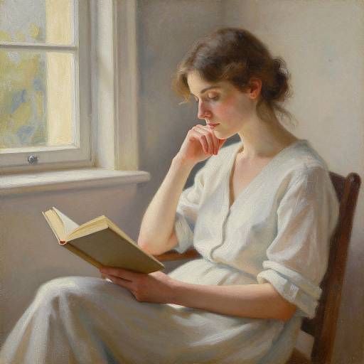 A serene painting of a young woman with brown hair in a loose bun, wearing a white dress, reading a book in sunlight by a window.