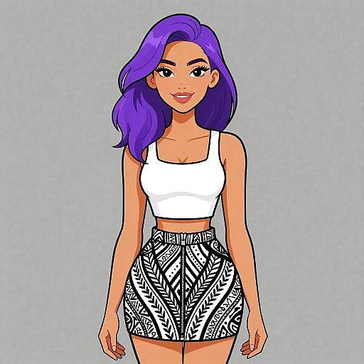 Digital illustration of a confident woman with vibrant purple hair, wearing a white tank top and black-and-white patterned high-waist shorts, standing against