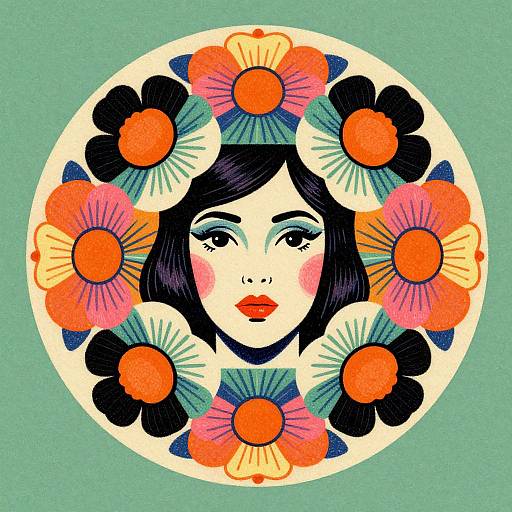 Digital illustration of a woman's face surrounded by vibrant, stylized flowers with orange centers and black petals on a teal background.