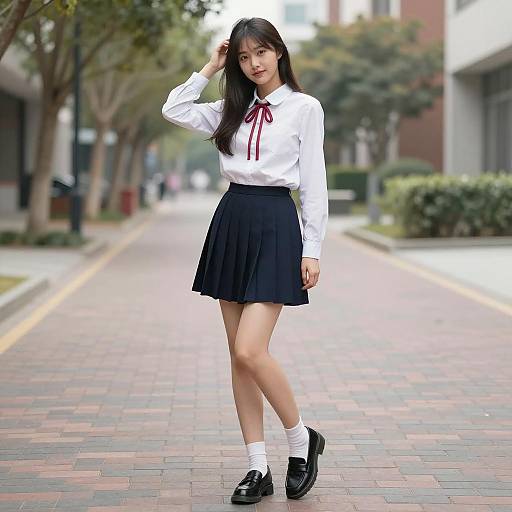 Asian Woman in School Uniform on Brick Pathway