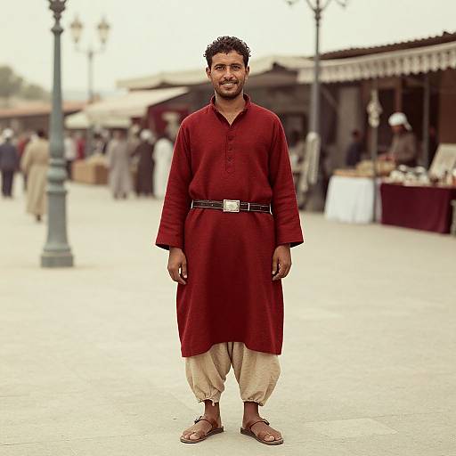 Photograph of a bearded South Asian man in a maroon traditional kurtta with beige pants, black belt, and brown sandals, standing in